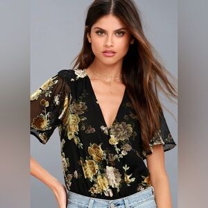 ASTR Eliza Black Velvet Floral Print Bodysuit